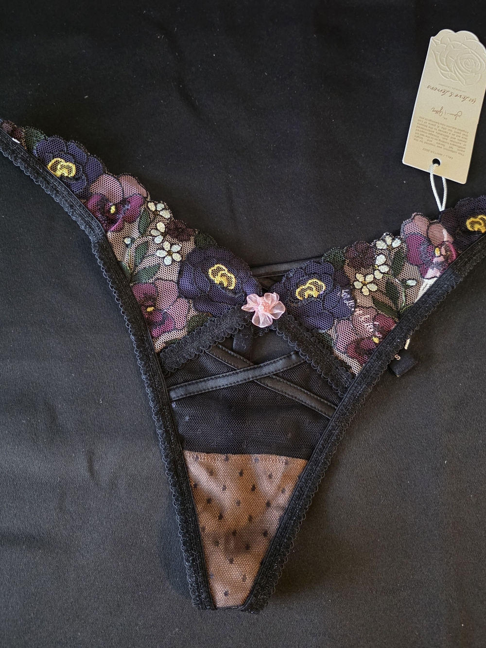 For Love And Lemons Floral Lace Black & Purple Thong with Pink Accent